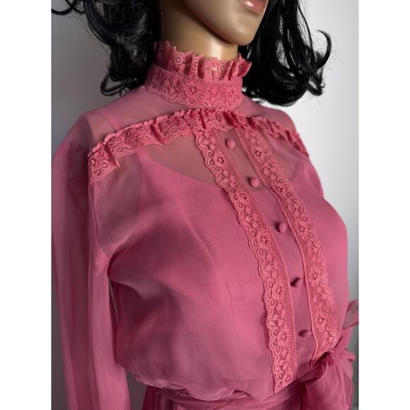 1970s Pink Chiffon Prairie Maxi High Neck Dress Lace Trim LGWD Canada XS - Picture 8 of 17